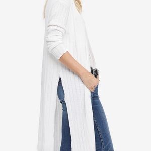 Free People Cardigan Sweater Long White Ribbed Duster Side Slit Thin Knit
